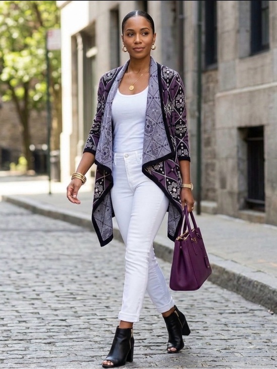Olivia M Jackets & Blazers - Olivia M Purple and Black Geometric Open-Front Cardigan